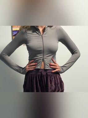 Garage Grey Zip-Front Long Sleeve Top